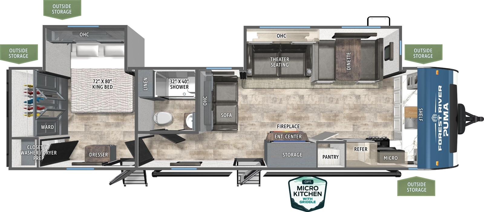 The Puma 31FKRK floorplan has two entries and two slide outs. Exterior features include: metal exterior, 21' awning and outside kitchen. Interiors features include: front kitchen and rear bedroom.
